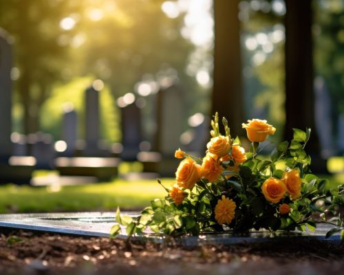 Orangefarbenes Rosengesteck auf Grabplatte, im Hintergrund unscharfer Friedhof.