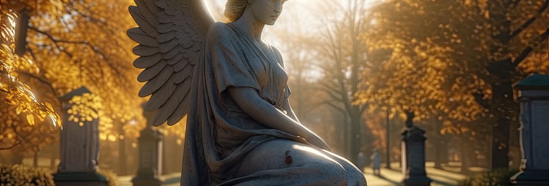 KI-generiertes Bild eines Engels als Grabskulptur, auf einem herbstlichen Parkfriedhof