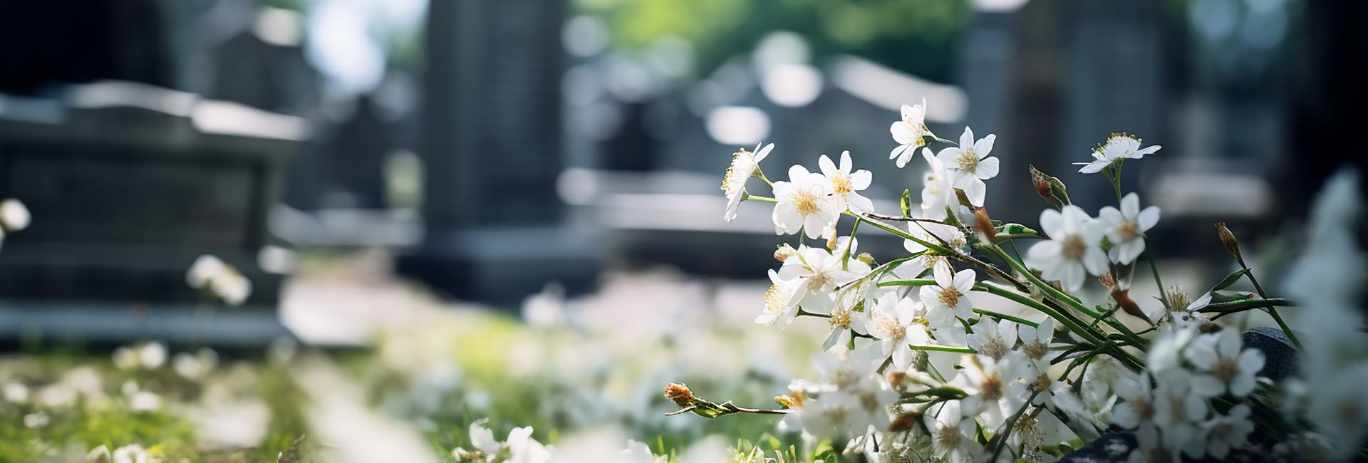 Weiße Blumen auf Rasen, im Hintergrund unscharfer Friedhof