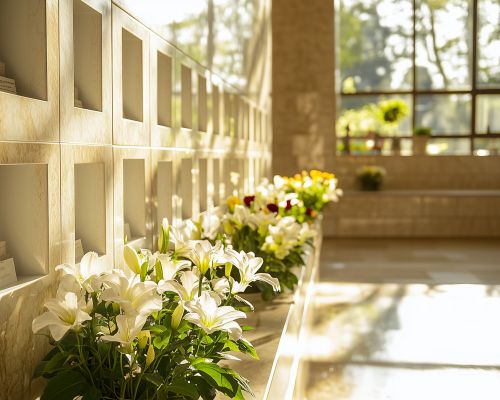 Durch Sonnenstrahlen beleuchtete Kolumbarium-Wand mit Blumendekorationen.