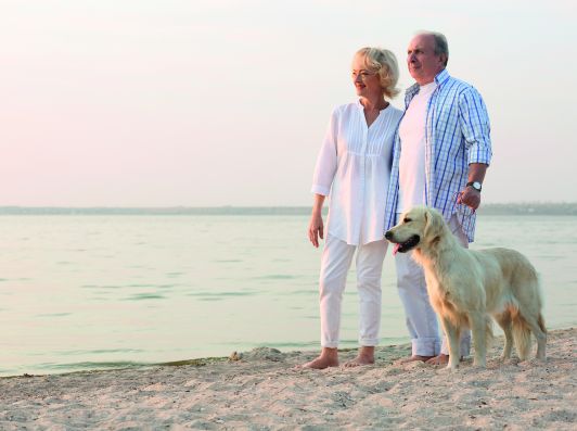 Älteres Ehepaar barfuß am Strand mit Golden Retriever